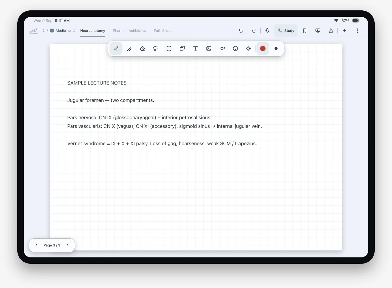 SpaceNotes Figma editor design with notebook tabs, floating pen toolbar, and squared-paper lecture notes