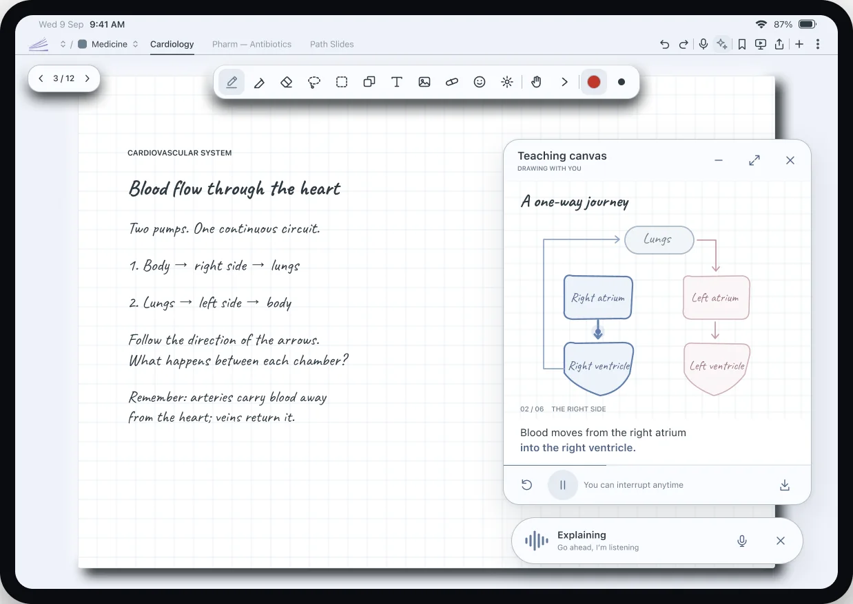 SpaceNotes live teaching Figma design: handwritten cardiology notes with a floating squared-paper teaching canvas and voice session